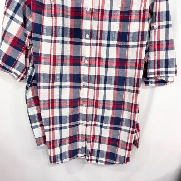 Woman Within Plus Size 3X Top 30W 32W Plaid Red Blue White Cotton Button Up 1578 - Picture 5 of 7